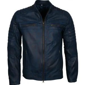 Carl C Men Blue Cafe Racer Slim Zip Leather Jacket