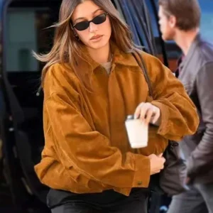 Hailey Bieber Suede Bomber Jacket