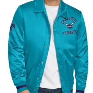 Charlotte Hornets Stitch Applique Teal Blue Varsity Jacket