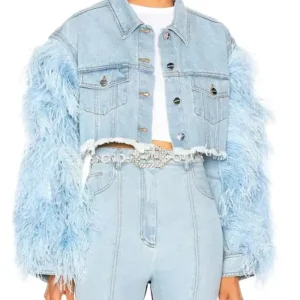 Dynasty Vanessa Feather Cropped Blue Denim Jacket