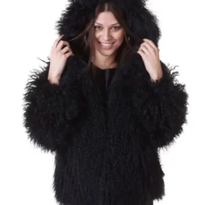 Mongolian Lamb Fur Black Hooded Coat