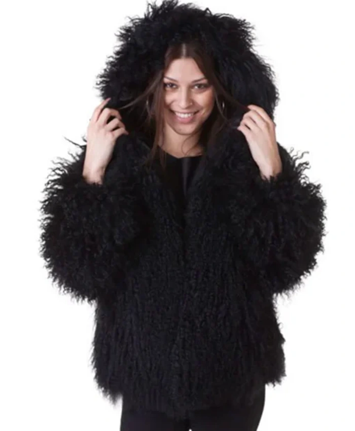 Mongolian Lamb Fur Black Hooded Coat