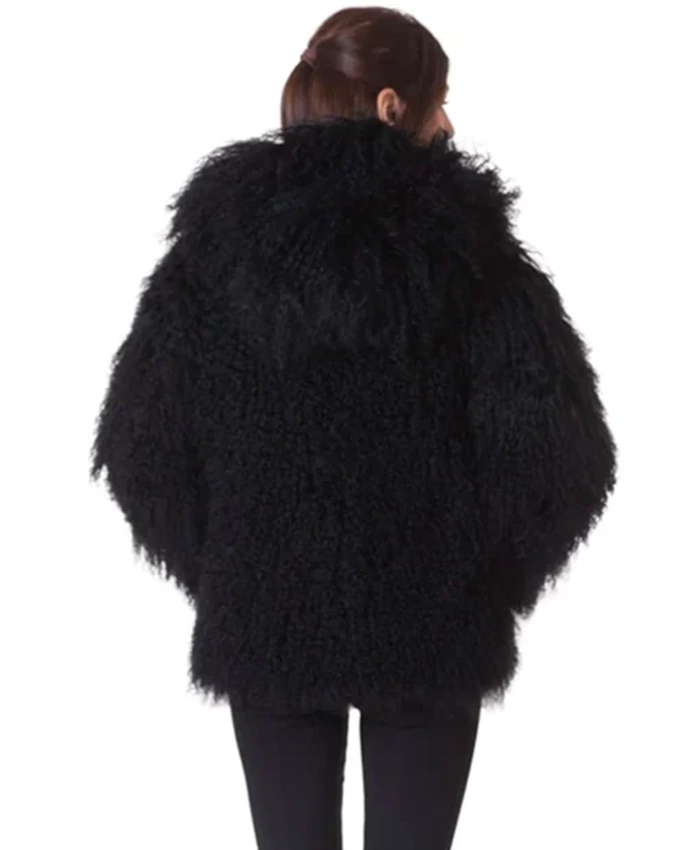 Mongolian Lamb Fur Black Hooded Coat - Image 2