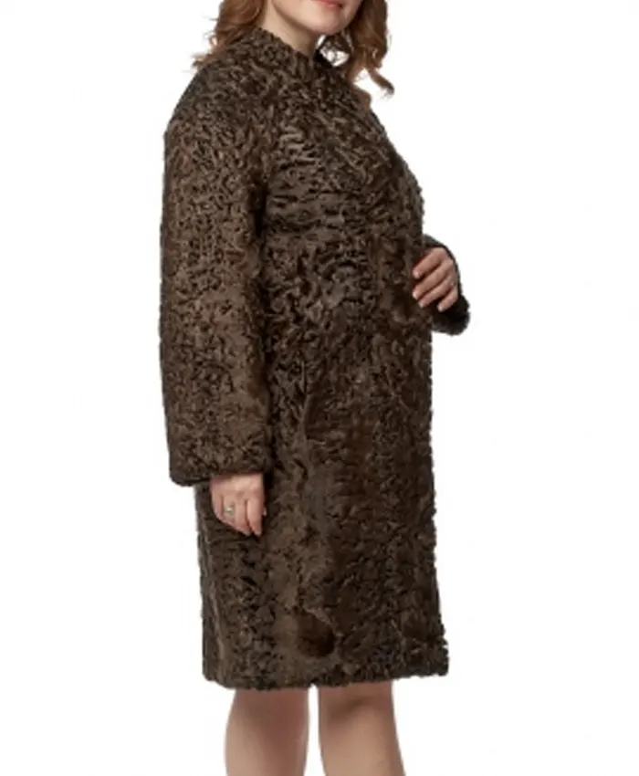 Women Persian Lamb Swakara Broadtail Brown Fur Warm Coat - Image 2